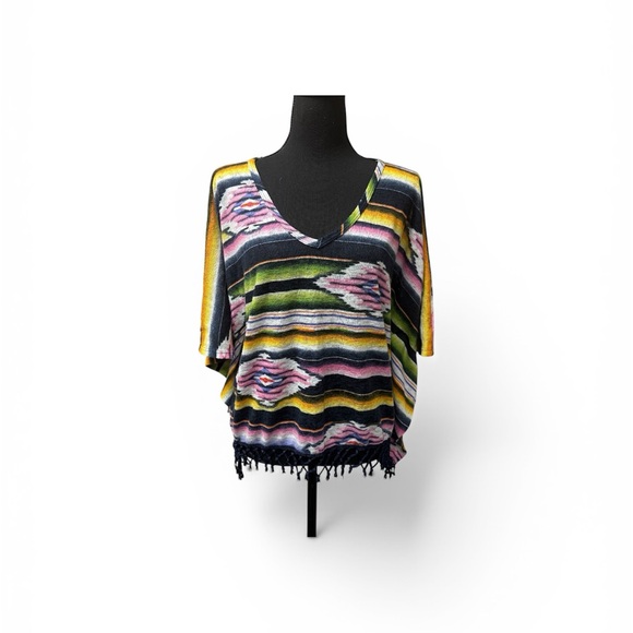 Rock 47 By Wrangler Tops - Rock 47 Aztec Boho Fringe Top L Black Yellow Pink Western Festival Chic